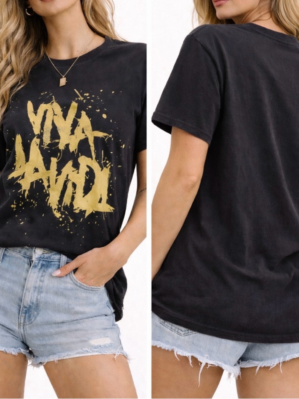 Cold Play Concert Tee. Black Graphic Tee with Gold Paint-Splash Logo